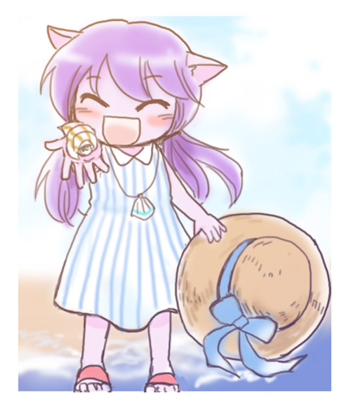 :d alternate_costume animal_ears beach blush colored dress green_dew hat hat_removed headwear_removed jewelry league_of_legends long_hair lulu_(league_of_legends) necklace open_mouth purple_hair sandals seashell shell smile water yordle