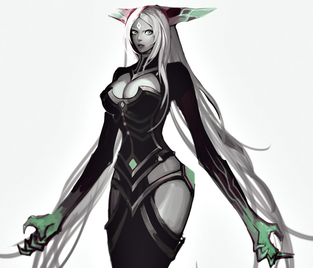 1girl alternate_color alternate_costume blue_eyes bodysuit breasts claws cleavage cleavage_cutout facial_mark forehead_mark grey_skin headgear league_of_legends lips lissandra long_hair nose silver_hair solo tyutii very_long_hair