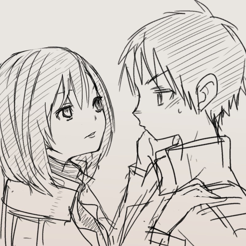 1boy 1girl black_hair blush eren_jaeger grey_background hand_on_another's_cheek hand_on_another's_face hand_on_another's_shoulder jacket jubigamura line_shading looking_at_another mikasa_ackerman monochrome shingeki_no_kyojin short_hair simple_background sketch sweatdrop