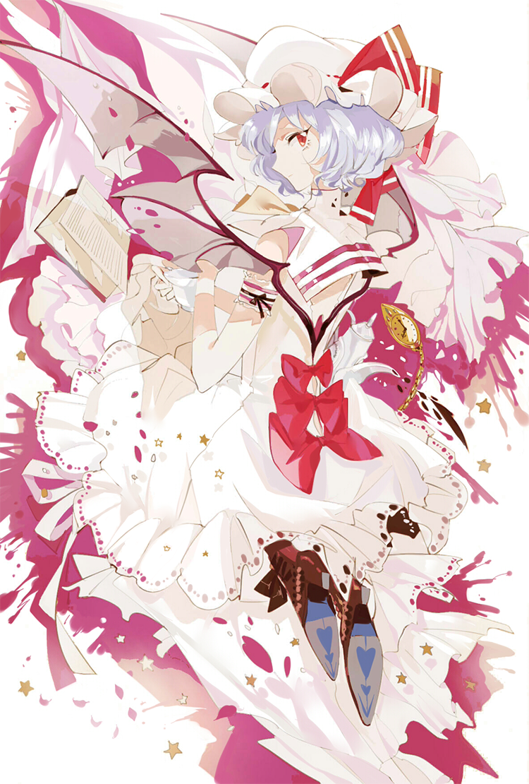 1girl adapted_costume arm_strap bat_wings blue_hair book dress hat hat_ribbon high_heels kyer looking_at_viewer looking_back mob_cap pocket_watch red_eyes remilia_scarlet ribbon solo teapot touhou turning watch white_dress wings