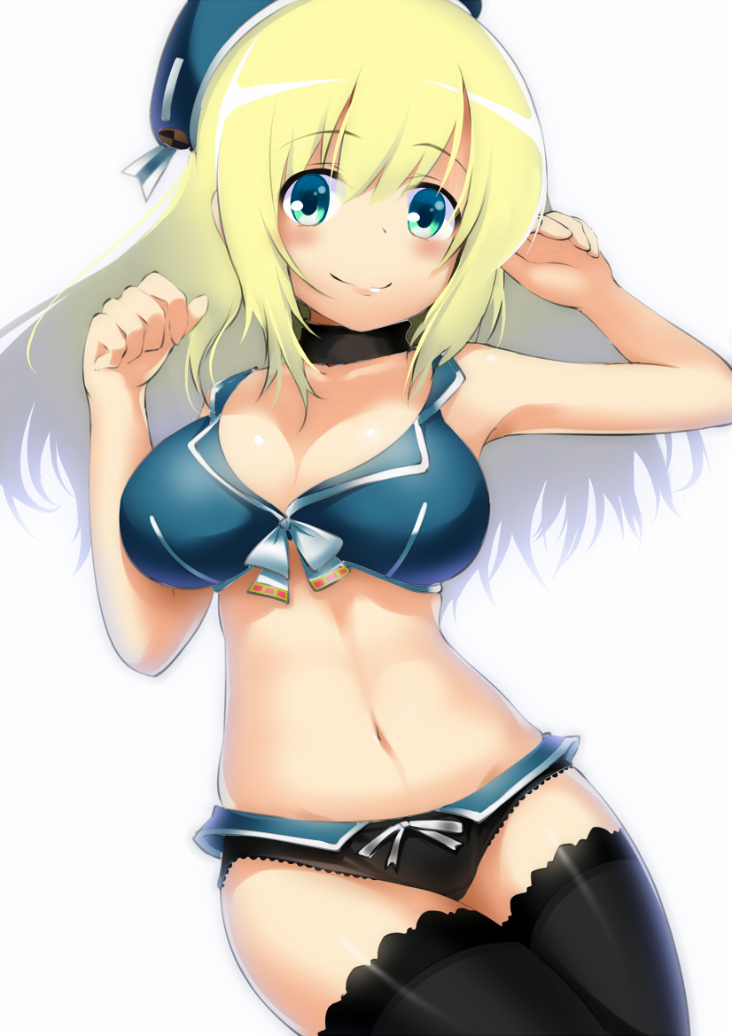 1girl atago_(kantai_collection) blonde_hair blue_eyes breasts front-tie_top hat kantai_collection large_breasts mocchi panties simple_background smile solo thighhighs underwear