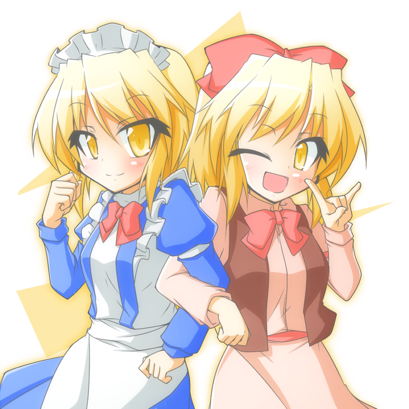 \n/ apron arm_lock arm_up blonde_hair blush bow cop_(shokkidana) dress gengetsu hair_bow juliet_sleeves long_sleeves looking_at_viewer maid_headdress mugetsu open_mouth open_vest puffy_sleeves short_hair siblings simple_background sisters smile touhou touhou_(pc-98) two-tone_background waist_apron wink yellow_eyes