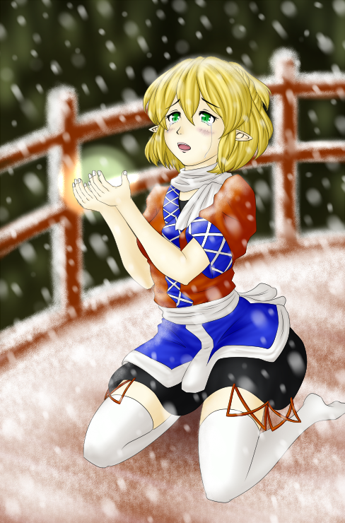 1girl blonde_hair blurry bridge crying depth_of_field facing_away fingernails glowing green_eyes hands_up layered_dress looking_up mizuhashi_parsee no_shoes open_mouth pointy_ears railing scarf short_hair short_sleeves sitting snowing solo streaming_tears tears thighhighs touhou wariza yuzuzen