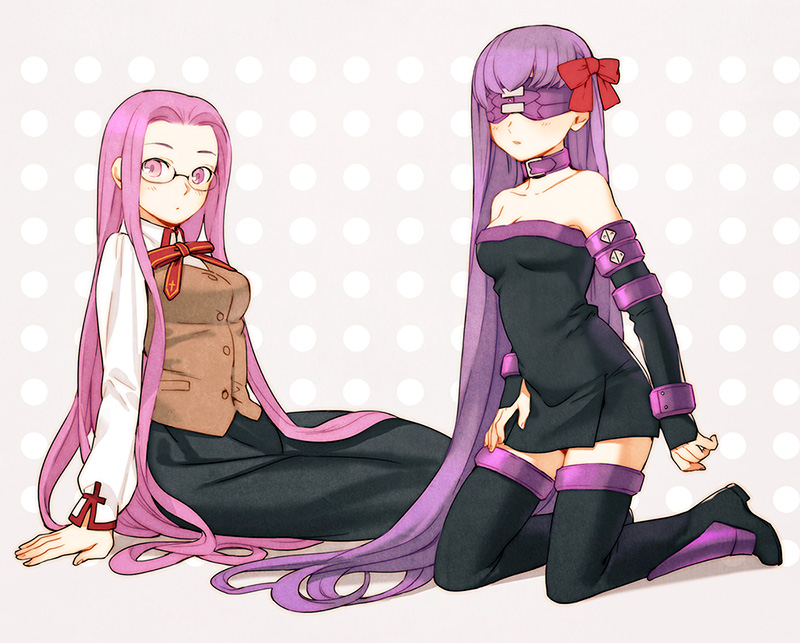 2girls bare_shoulders blindfold boots bow choker cosplay costume_switch detached_sleeves dress fate/stay_night fate_(series) glasses hair_bow kneeling long_hair matou_sakura multiple_girls purple_hair rider school_uniform sitting tam_(cuq) thigh_boots thighhighs very_long_hair violet_eyes