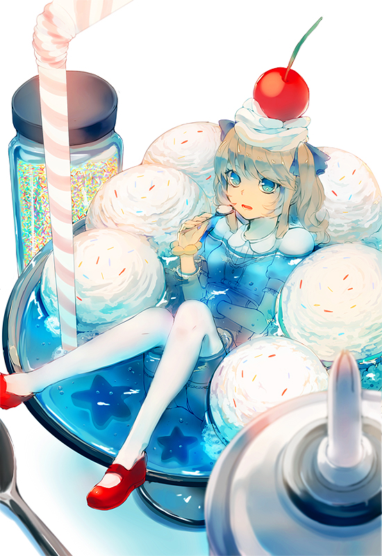 1girl blue_eyes brown_hair cherry cup food food_as_clothes fruit glass hair_ribbon ice_cream in_container in_cup minigirl original parfait ribbon shiu_(pika) solo spoon sprinkles straw thighhighs twintails whipped_cream