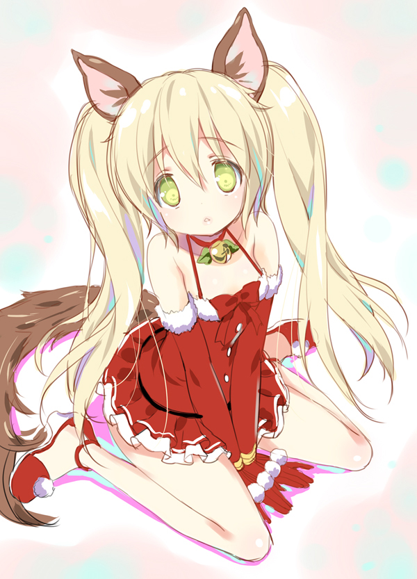 1girl animal_ears bare_legs bare_shoulders bell blonde_hair blush choker elbow_gloves elin_(tera) emily_(pure_dream) gloves green_eyes jingle_bell long_hair looking_at_viewer red_gloves sitting solo tera_online twintails wariza
