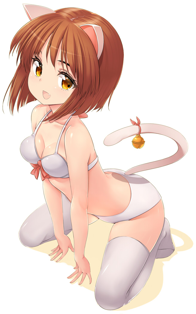 1girl :d animal_ears bare_shoulders bell bra breasts brown_hair cat_ears cat_tail cleavage fang kneeling open_mouth original panties smile solo tail tail_bell thighhighs underwear white_bra white_legwear white_panties yellow_eyes zizi_(zz22)