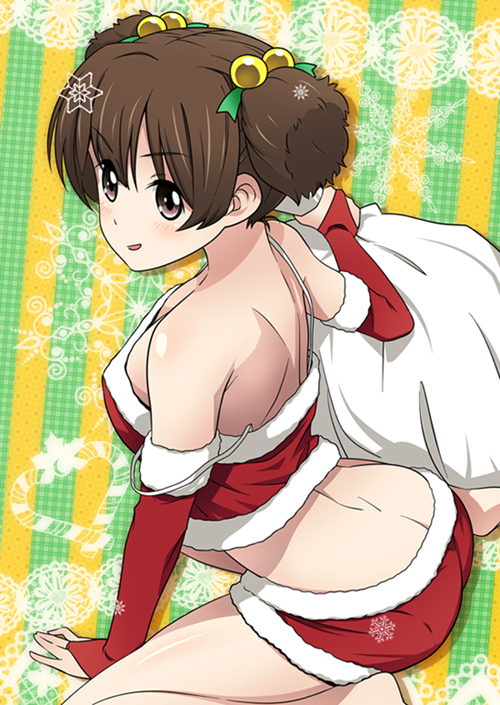 1girl bridal_gauntlets brown_eyes brown_hair c_(neta) christmas k-on! midriff sack santa_costume short_hair solo suzuki_jun twintails