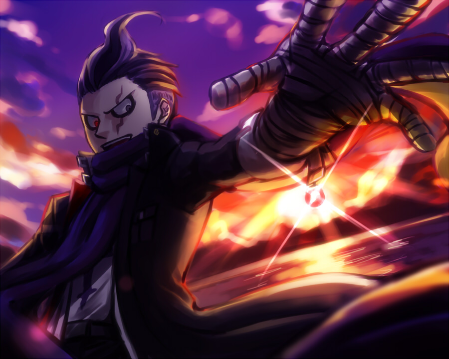 1boy bandages black_hair dangan_ronpa jacket lens_flare multicolored_hair open_mouth outstretched_arm scar scarf scarf_over_mouth short_hair sun super_dangan_ronpa_2 tanaka_gandamu tsukishiro50