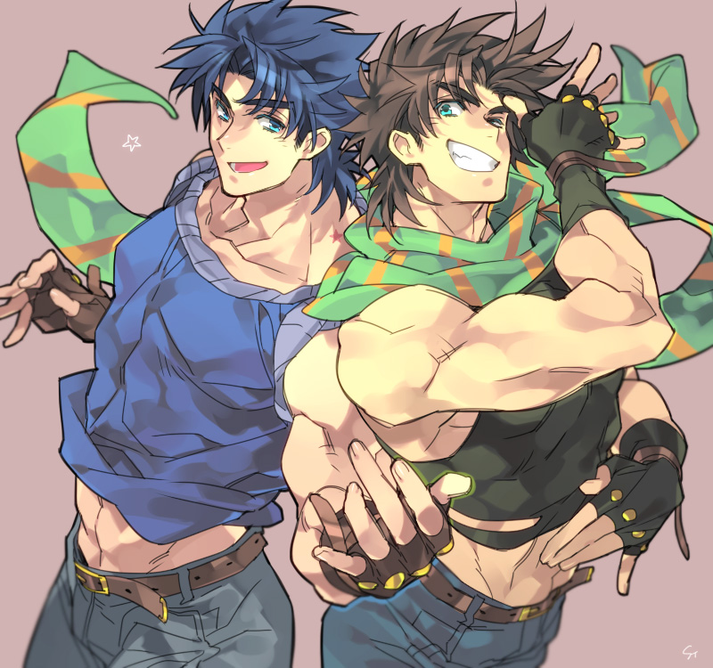 2boys abs back-to-back belt blue_eyes blue_hair brown_hair fingerless_gloves gloves grin jeans jojo_no_kimyou_na_bouken looking_at_viewer multiple_boys muscle pose scarf shirt_lift simple_background skin_tight sleeveless sleeves_rolled_up smile star striped striped_scarf toujou_sakana wink