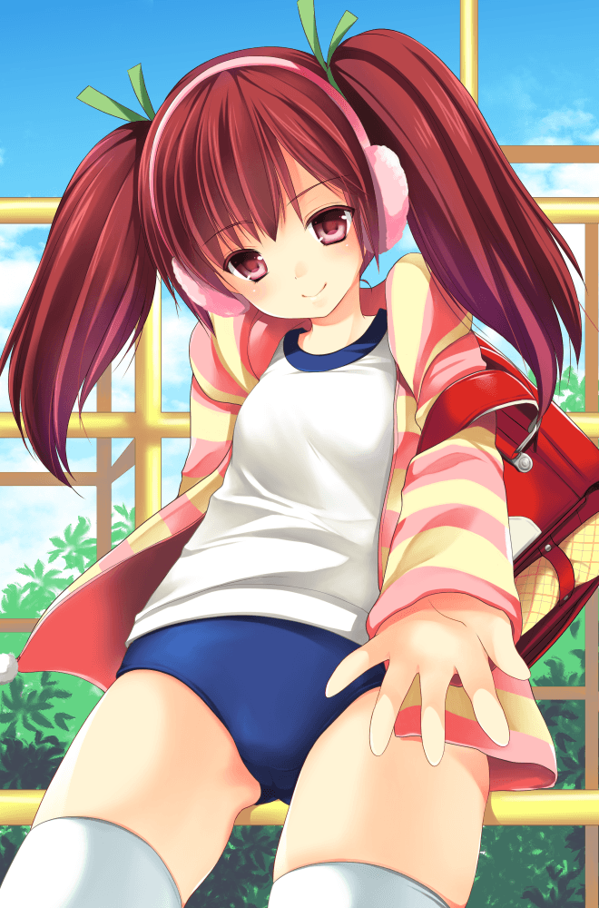 1girl azuma_yuki backpack bag brown_hair buruma earmuffs gym_uniform jacket jungle_gym outstretched_hand pink_eyes randoseru thigh-highs twintails white_legwear