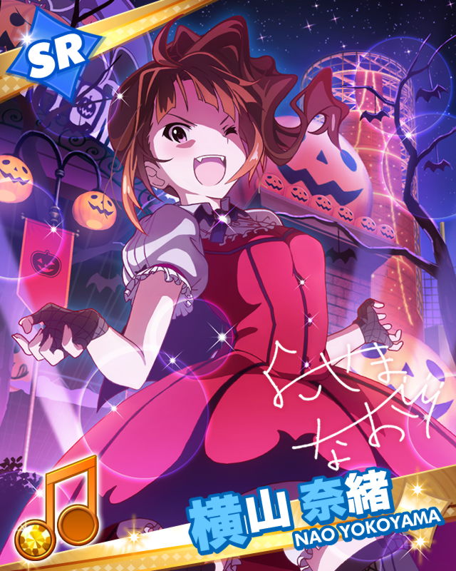 &gt;;d 1girl ;d brown_hair character_name fangs fingerless_gloves gloves halloween idolmaster idolmaster_million_live! jack-o'-lantern laughing looking_at_viewer musical_note official_art open_mouth side_ponytail signature smile violet_eyes wink yokoyama_nao