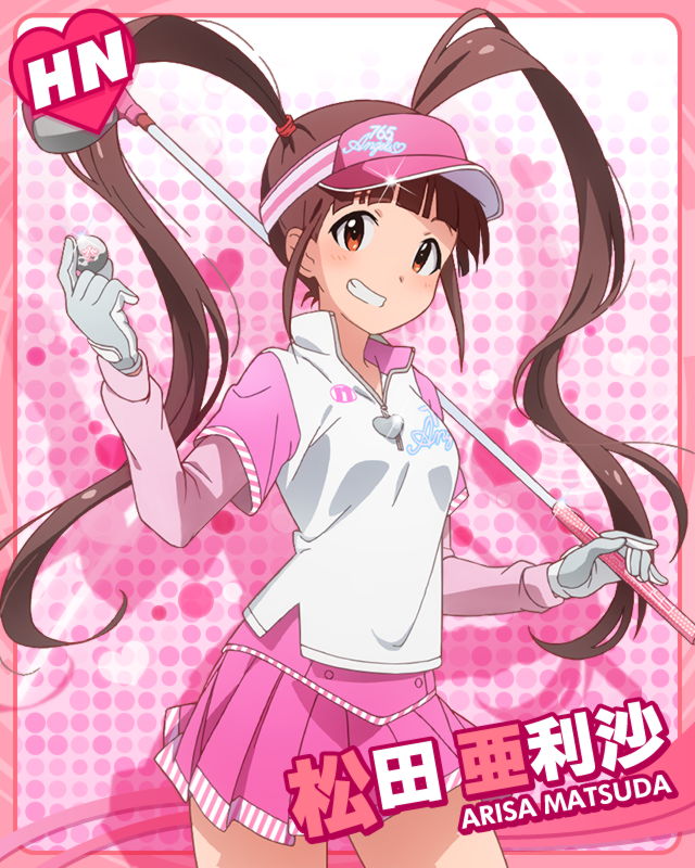 1girl :d ball blush brown_eyes brown_hair character_name golf golf_ball golf_club grin idolmaster idolmaster_million_live! looking_at_viewer matsuda_arisa official_art open_mouth skirt smile solo twintails visor_cap