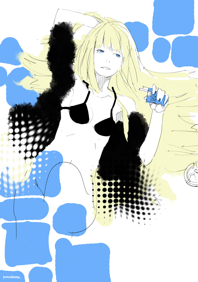 1girl blonde_hair blue_eyes bra cigarette_box lying original pomodorosa sketch solo underwear