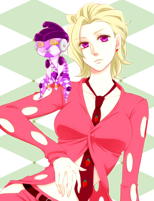 1boy 1girl 63_(aito-63) blonde_hair chibi formal genderswap jojo_no_kimyou_na_bouken necktie pannacotta_fugo platinum_blonde purple_haze_(stand) short_hair stand_(jojo) suit violet_eyes