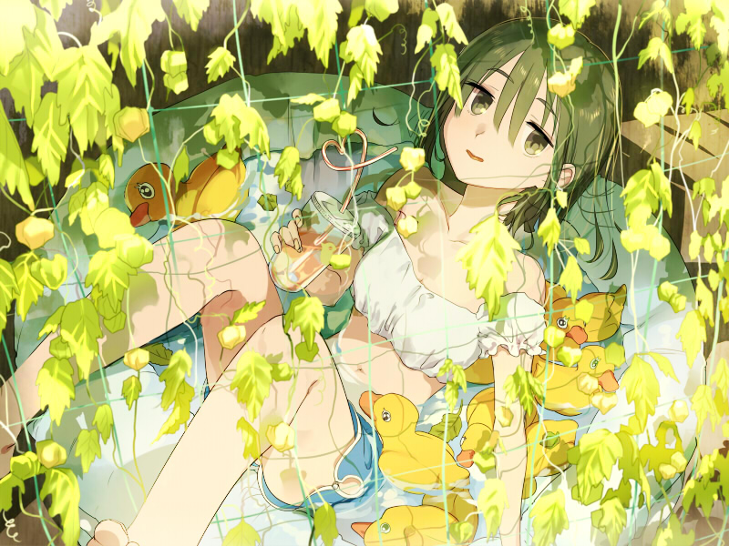 1girl bare_shoulders brown_eyes brown_hair dotaku drink flat_gaze green_eyes green_hair heart_straw holding long_hair looking_at_viewer lying midriff navel on_back original parted_lips rubber_duck shorts solo vines wading_pool