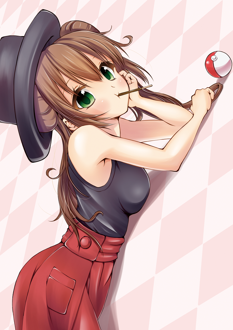 1girl aruha blush brown_hair double_bun green_eyes hat long_hair looking_at_viewer lying mei_(pokemon) on_stomach pleated_skirt pocky poke_ball pokemon pokemon_(game) pokemon_bw2 pokemon_xy serena_(pokemon) serena_(pokemon)_(cosplay) skirt sleeveless sleeveless_shirt solo