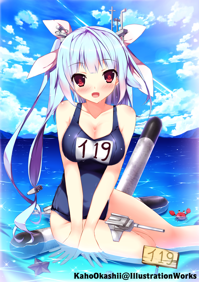 1girl blue_hair blue_sky breasts cannon clouds crab hair_ornament hair_ribbon i-19_(kantai_collection) kaho_okashii kantai_collection long_hair name_tag open_mouth personification red_eyes ribbon school_swimsuit sitting sky smile solo star star-shaped_pupils starfish swimsuit symbol-shaped_pupils torpedo twintails water