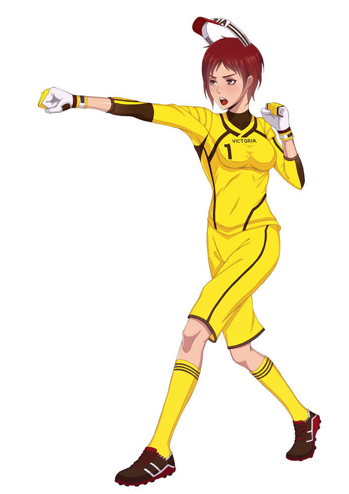 1girl alternate_costume breasts brown_hair cleats dead_or_alive gloves goalkeeper leaf98k mila_(doa) punching shoes short_hair shorts sneakers soccer_uniform socks solo sportswear visor_cap