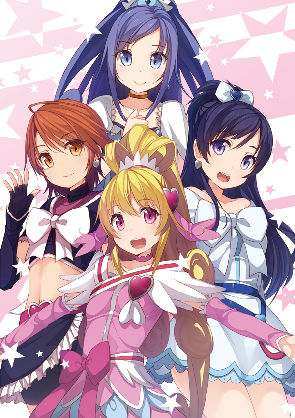 blonde_hair blue_eyes blue_hair bow brown_hair choker cure_black cure_diamond cure_heart cure_white detached_sleeves dokidoki!_precure long_hair looking_at_viewer midriff multiple_girls pink_eyes ponytail precure short_hair siva_(executor) smile twintails yellow_eyes