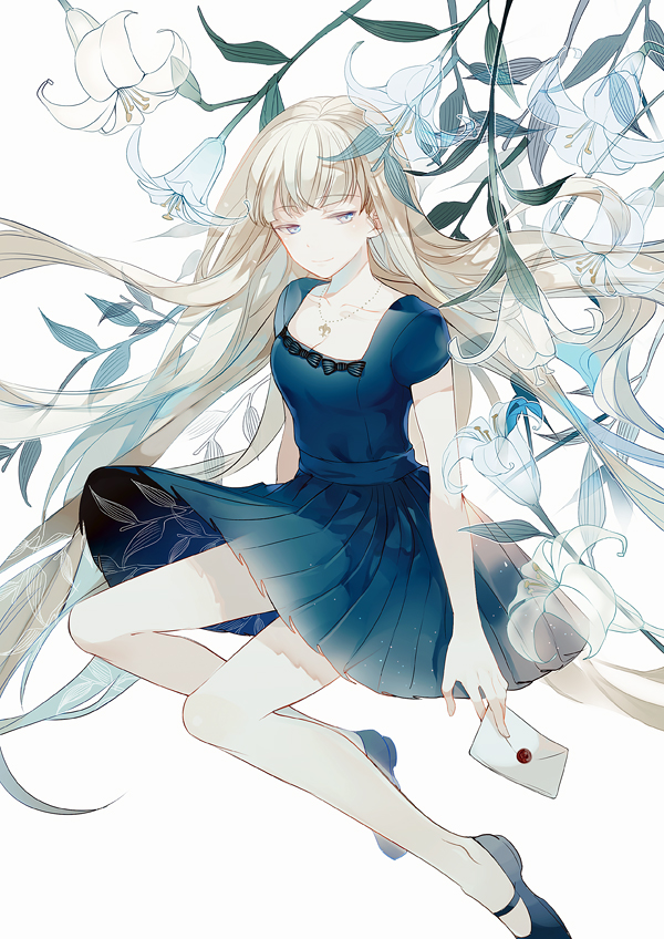 1girl bangs blonde_hair blue_dress blue_eyes blunt_bangs bow breasts cleavage dhiea dress flower half-closed_eyes jewelry letter lily_(flower) long_hair love_letter mary_janes necklace original shoes short_sleeves smile solo very_long_hair