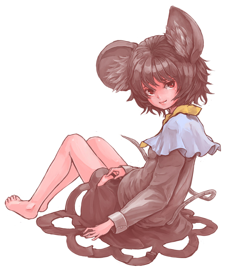 1girl animal_ears barefoot grey_hair long_sleeves looking_at_viewer looking_back ma_nyan_(nyao_mao_nyao) mouse_ears mouse_tail nazrin red_eyes shirt simple_background sitting skirt skirt_set smile solo tail touhou turning white_background