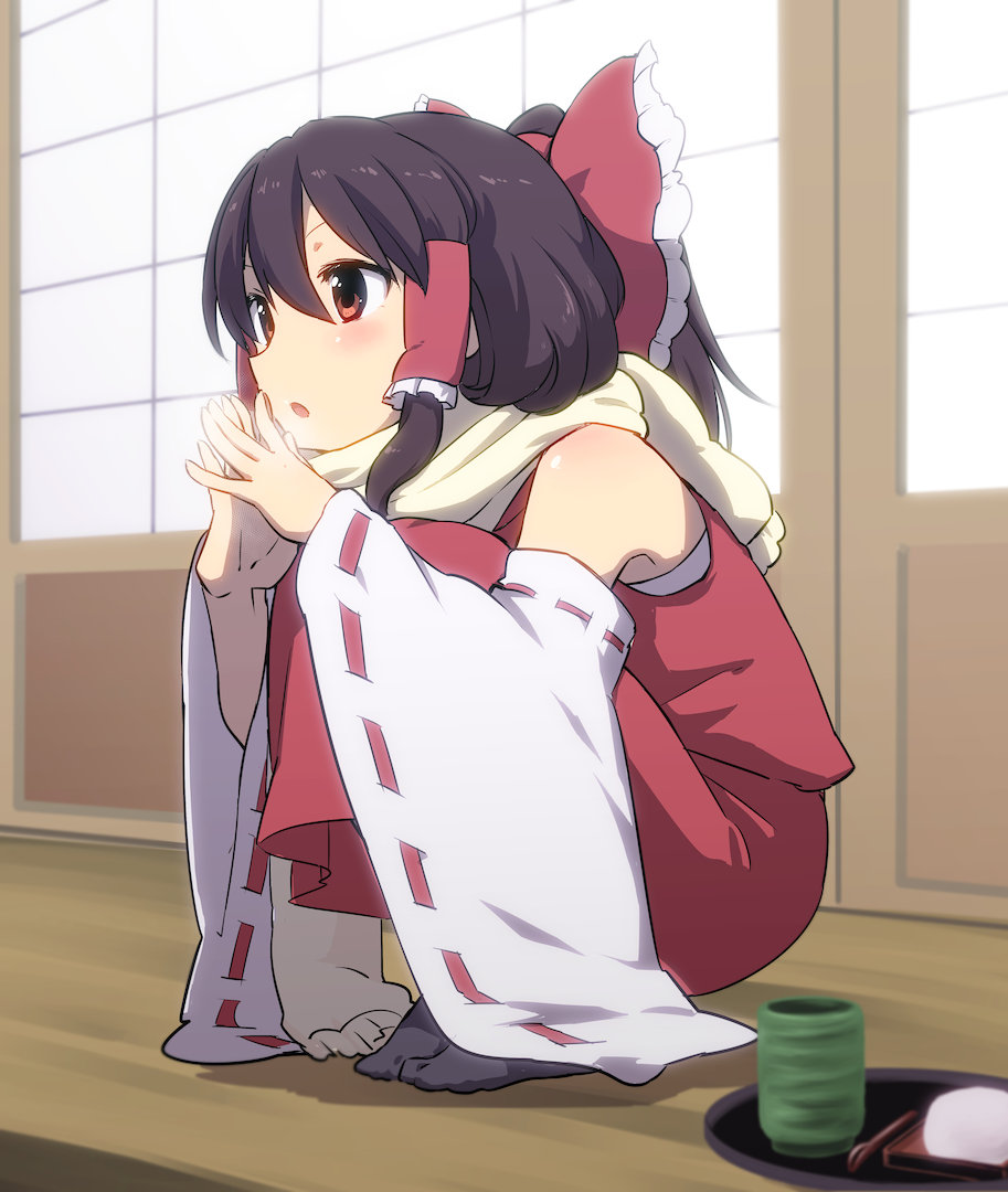 1girl bare_shoulders bow brown_eyes brown_hair cold cup detached_sleeves food hair_bow hair_tubes hakurei_reimu leon_7 long_sleeves mochi open_mouth plate ponytail scarf shirt skirt solo spoon squatting teacup touhou tray wagashi wide_sleeves