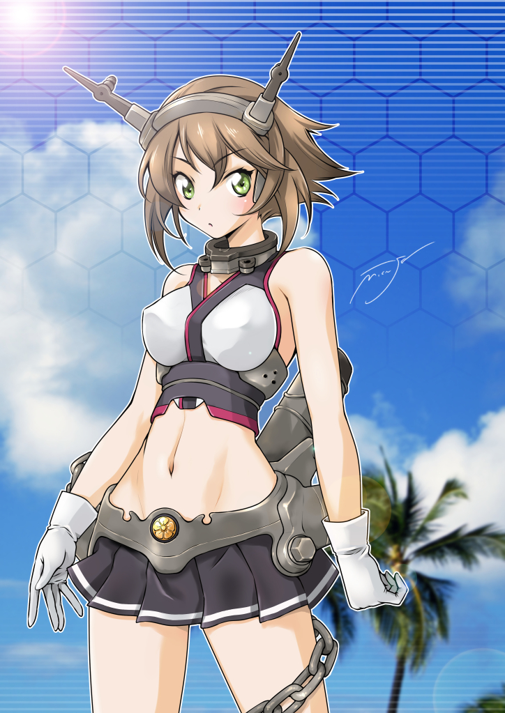 1girl bare_shoulders blush breasts brown_hair chain clouds gloves green_eyes headgear kantai_collection large_breasts looking_at_viewer midriff mutsu_(kantai_collection) navel onaya_masakazu personification short_hair skirt sky solo white_gloves