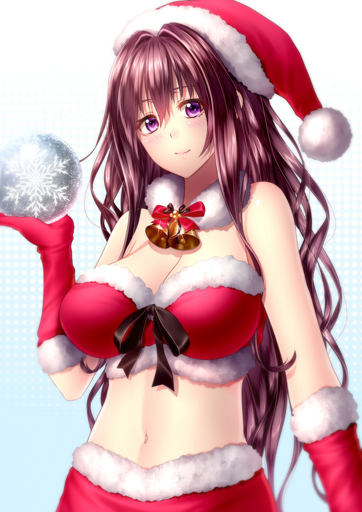 1girl bell bell_collar blush breasts brown_hair christmas collar elbow_gloves gloves halftone halftone_background hat holding jingle_bell kai_(link2262) large_breasts long_hair looking_at_viewer navel original red_gloves ribbon santa_costume santa_hat smile snowflakes solo violet_eyes