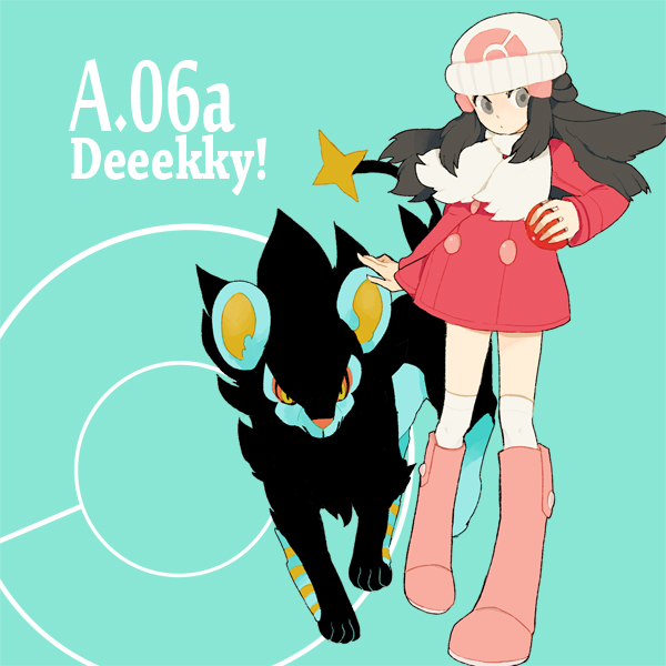 1girl alternate_costume beanie black_hair coat grey_eyes hat hikari_(pokemon) hikari_(pokemon)_(remake) l_hakase luxray over-kneehighs poke_ball pokemon pokemon_(game) pokemon_dppt scarf simple_background yellow_eyes