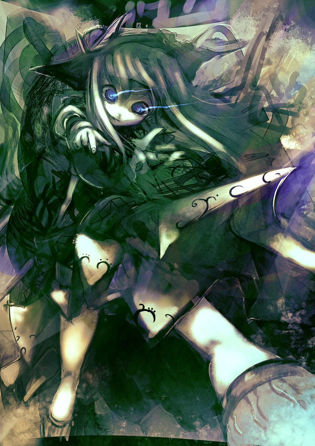 1girl abstract_background blue_eyes cong1991 food from_below fruit hat highres hinanawi_tenshi kneehighs kneepits leaf legs light_trail long_hair looking_at_viewer patterned payot peach pointing pointing_at_viewer skirt solo texture touhou turning