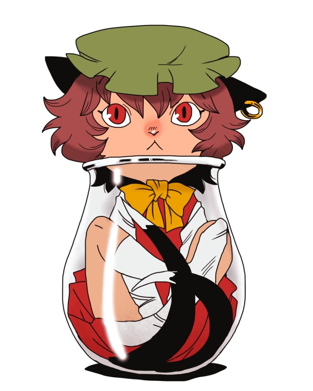 1girl :&lt; animal_ears bow brown_hair cat_ears cat_tail chen dress ear_piercing glass in_container jewelry looking_at_viewer mob_cap multiple_tails onikobe_rin piercing red_dress red_eyes shirt simple_background single_earring solo tail touhou truth white_background