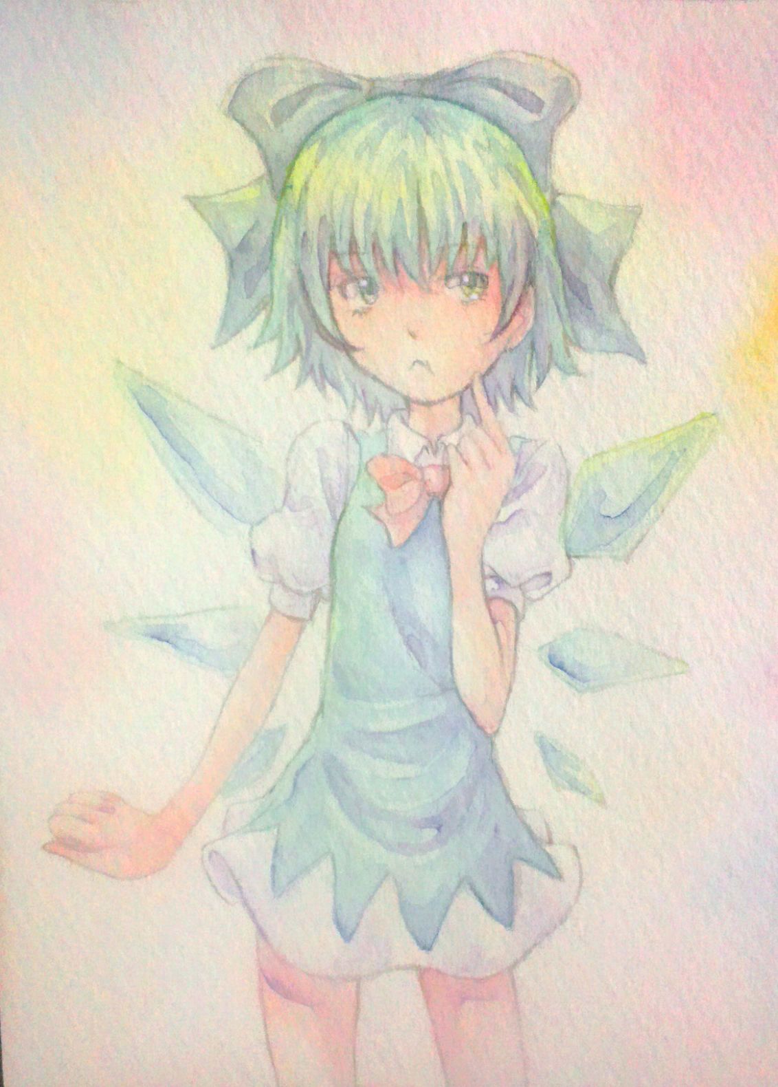 1girl 3: acrylic_paint_(medium) blue_eyes blue_hair bow cirno dress finger_to_chin graphite_(medium) hair_bow highres ice ice_wings short_hair solo thinking touhou traditional_media watercolor_(medium) wings yuyu_(00365676)