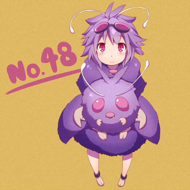 1girl antennae blush character_name kuromiya looking_at_viewer personification pokemon pokemon_(creature) pokemon_(game) purple_hair short_hair simple_background venonat violet_eyes