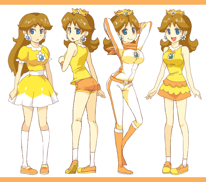 4girls blue_eyes brown_hair crown multiple_girls princess_daisy smile super_mario_bros.