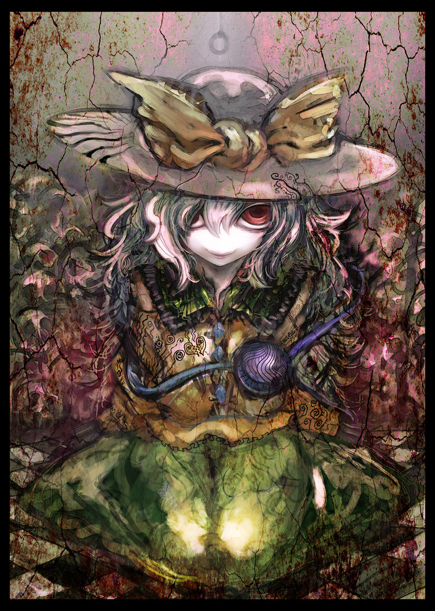 1girl black_hat border bow buttons checkered checkered_floor concrete cong1991 crack creepy green_skirt hair_over_one_eye hat hat_bow highres knees_together_feet_apart komeiji_koishi lighting lips long_hair messy_hair no_nose on_floor pile_of_skulls red_eyes silver_hair sitting skirt smile solo texture third_eye touhou wall yellow_bow yellow_shirt