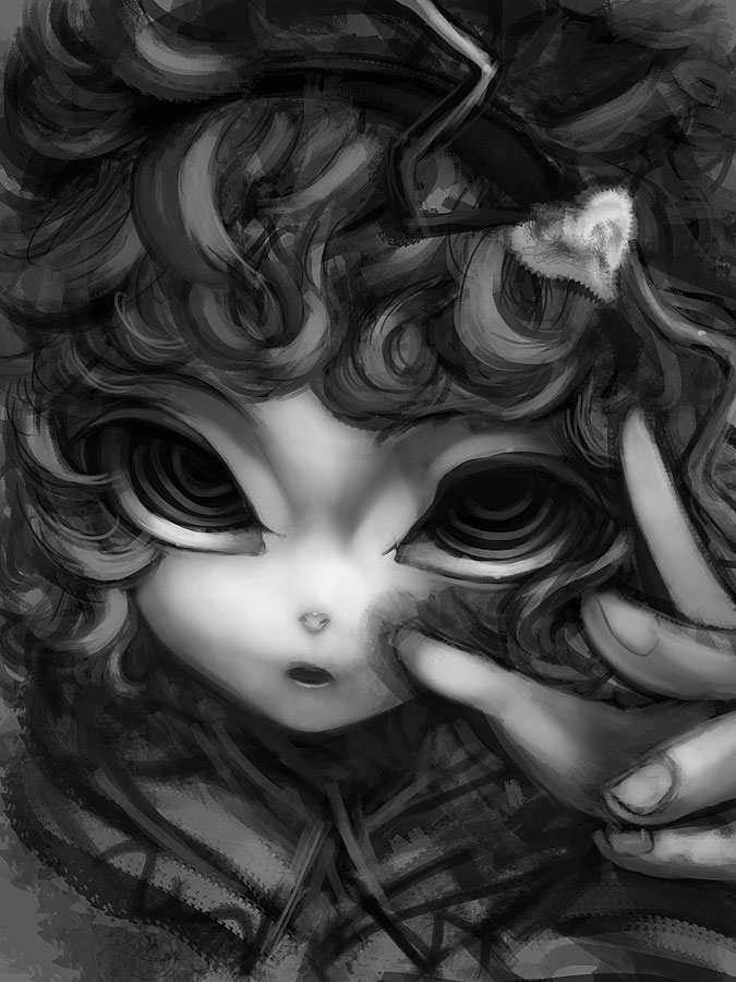 1girl big_eyes close-up collared_shirt cong1991 curly_hair face fingernails fingers greyscale hair_ornament hands heart heart_hair_ornament komeiji_satori looking_at_viewer monochrome open_mouth ringed_eyes short_hair solo surreal texture touhou