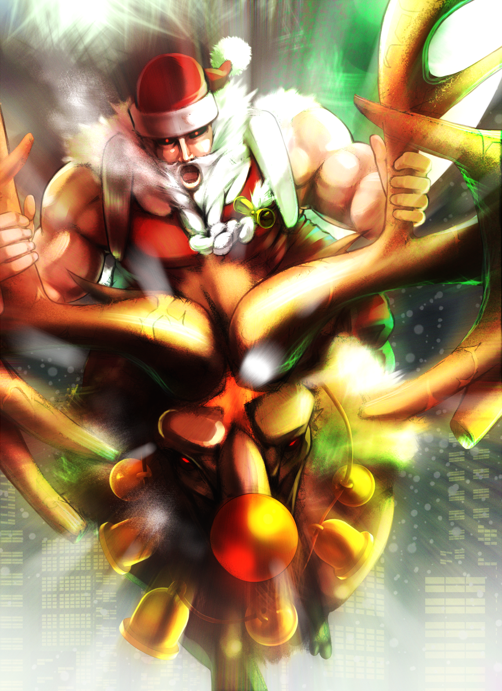 antlers beard bell bell_collar braid christmas city city_lights cityscape collar facial_hair glowing glowing_eyes highres manly mattari_yufi muscle open_mouth red_eyes red_nose reindeer riding santa_claus snowing white_hair