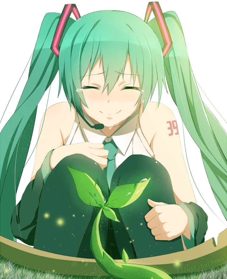 1girl 39 artist_name closed_eyes detached_sleeves green_hair hatsune_miku headset hello_planet_(vocaloid) hews_hack long_hair necktie pantyhose plant smile solo tears twintails vocaloid white_background