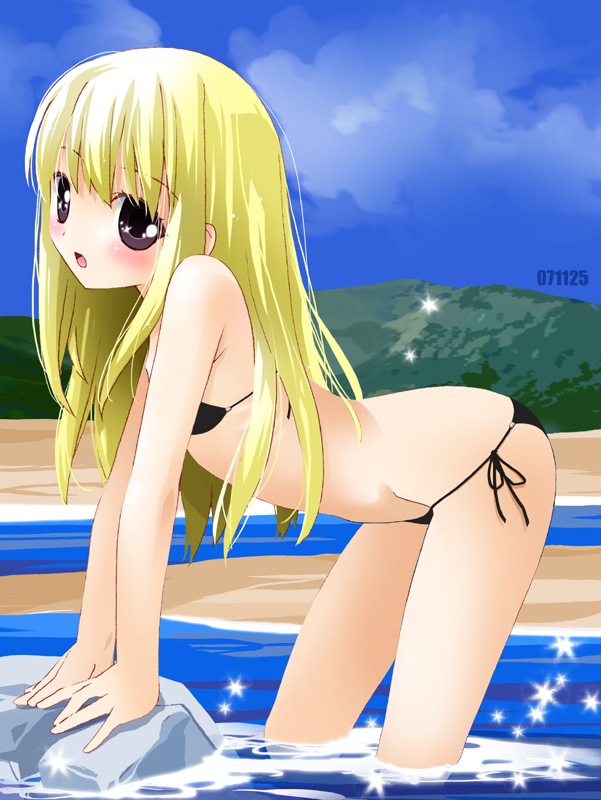 1girl arm_support bent_over bikini blonde_hair chestnut_mouth dated flat_chest long_hair noto_(soranoto) open_mouth original rock sea_spray side-tie_bikini solo sparkle swimsuit violet_eyes water