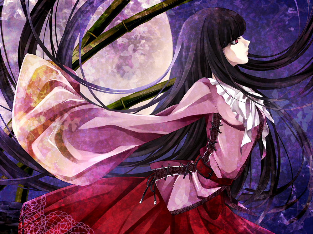 1girl bamboo black_hair blue_background bow full_moon hands_in_sleeves hiru0130 houraisan_kaguya japanese_clothes lips long_hair moon outstretched_arms profile red_eyes red_moon skirt solo touhou very_long_hair