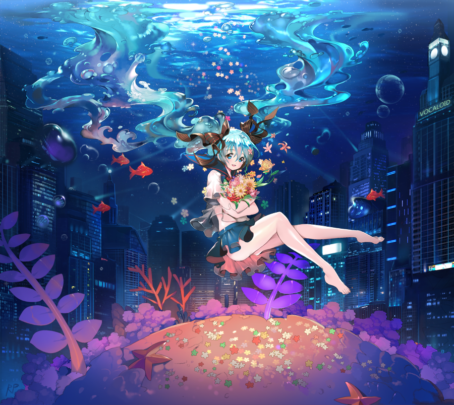 1girl aqua_eyes aqua_hair barefoot bottle_miku floating_hair hair_ribbon hatsune_miku liquid_hair long_hair repi987 ribbon school_uniform serafuku skirt solo twintails underwater very_long_hair vocaloid