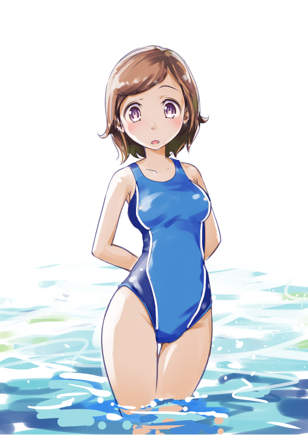1girl brown_eyes brown_hair competition_swimsuit feet_in_water mousoup one-piece_swimsuit original short_hair soaking_feet standing swimsuit water