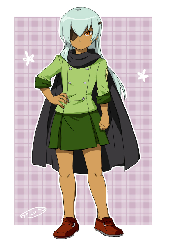 1boy blue_hair cape cosplay crossdressinging danball_senki danball_senki_wars eyepatch inazuma_eleven_(series) inazuma_eleven_go long_hair male mizuhara_aki orange_eyes sakuma_jirou skirt solo standing white_background