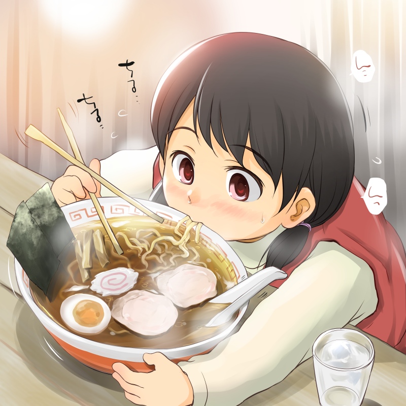1girl black_hair blush bowl chopsticks eating food noodles ramen short_hair solo wancho