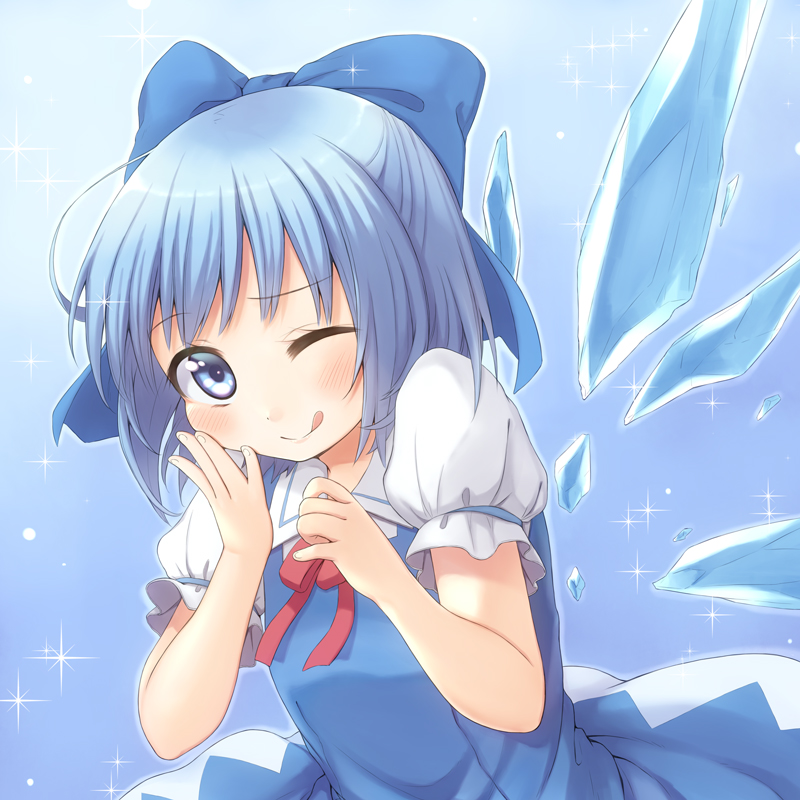 1girl blue_eyes blue_hair blush bow chika_(orange_pop) cirno dress hair_bow hand_on_own_cheek ice ice_wings short_hair smile solo touhou wings wink