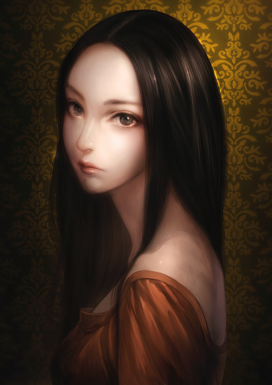 1girl brown_eyes brown_hair face forehead highres lips long_hair nose original portrait realistic solo stf_amagihana