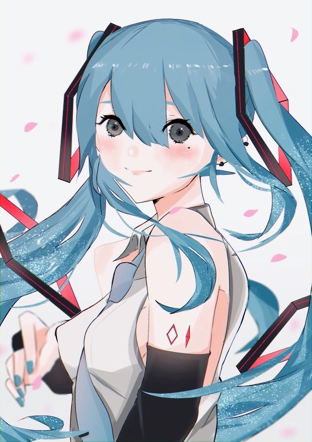 1girl alternate_eye_color bare_shoulders blue_hair blue_neckwear blush cherry_blossoms closed_mouth collared_shirt commentary_request cropped_torso detached_sleeves dress_shirt ear_piercing eyes_visible_through_hair grey_background grey_eyes grey_shirt hair_between_eyes hatsune_miku long_hair looking_at_viewer mole nail_polish necktie piercing profile shiny shiny_hair shirt shoulder_tattoo simple_background sleeveless sleeveless_shirt smile solo tattoo tie_clip turn3341 twintails upper_body vocaloid