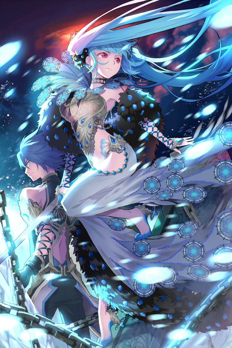 1boy 1girl blue_eyes blue_hair c.seryl chain character_request dress evening_gown formal fur gem holding jewelry long_hair luthica_preventer red_eyes short_hair sword sword_girls twintails weapon