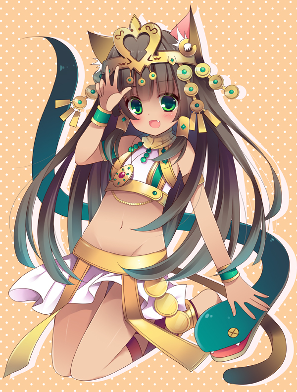 1girl animal_ears bare_shoulders bastet_(p&amp;d) brown_hair cat_ears cat_tail fang gradient_hair green_eyes green_hair headdress heart izumiyuhina long_hair looking_at_viewer mound_of_venus multicolored_hair navel open_mouth puzzle_&amp;_dragons skirt smile solo tail tan